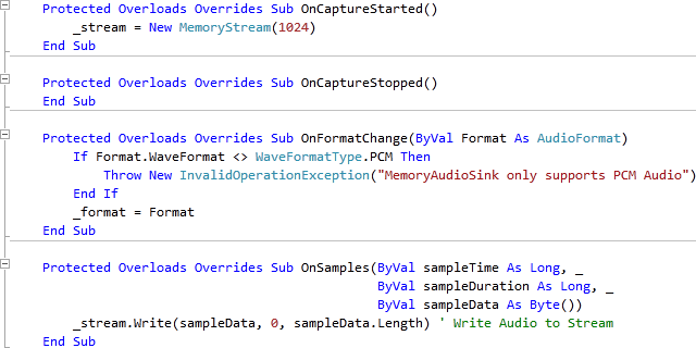 MemoryAudioSink Class Subs