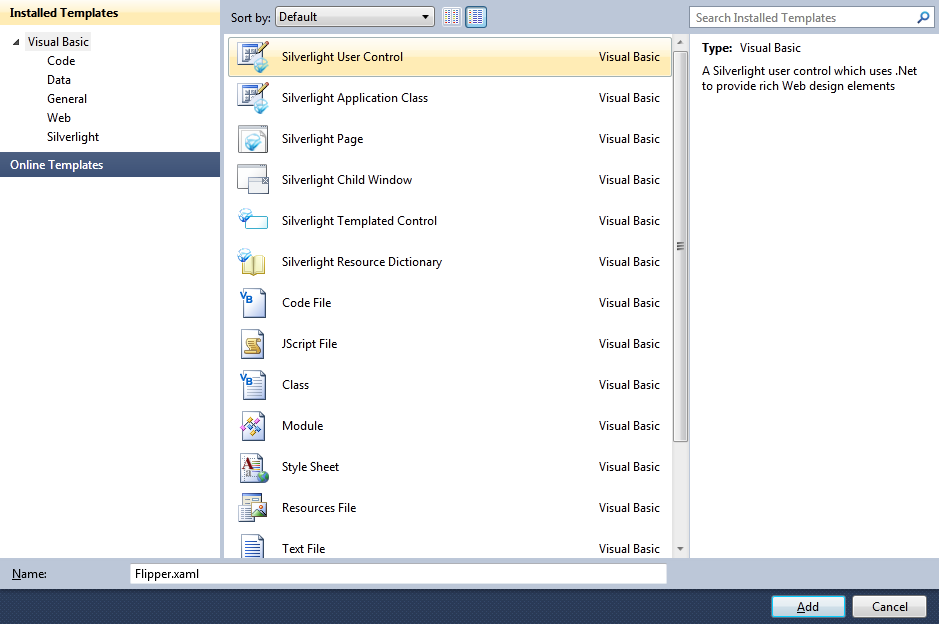 Add New Silverlight User Control