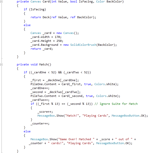 MainPage Card and Match Method