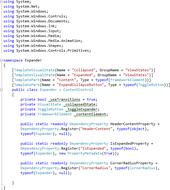 Expander.cs Imports, Template, Declarations and Dependancy Properties