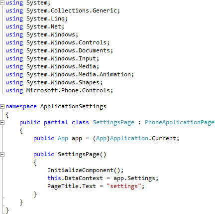 SettingsPage Application Declaration and Constructor