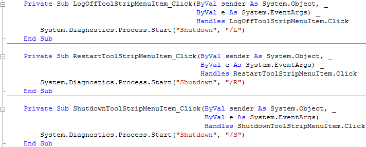 ContextMenuStrip Menu Log Off, Restart and Shutdown Menu Item Click Events