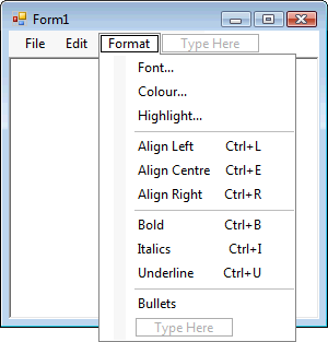 Format Menu with Shortcut Keys