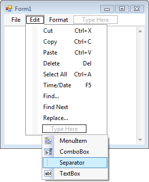 Edit Menu with Type Here Options Displayed on the Bottom
