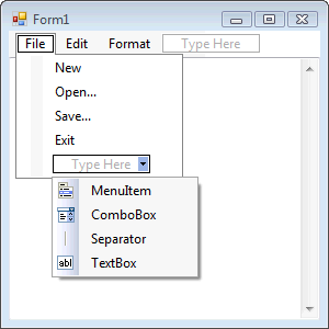 File Menu with Type Here options displayed at bottom of menu