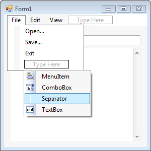 File Menu with Type Here options displayed at bottom of menu