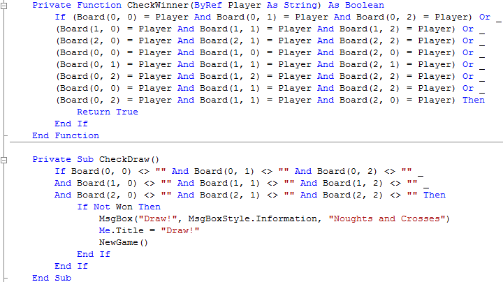 Window1 CheckWinner Function and CheckDraw Subroutine