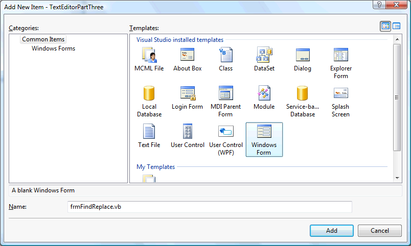 Add New Item frmFindReplace Dialog